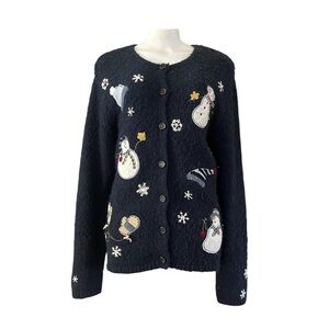 Croft & Barrow Vintage Christmas Cardigan Sweater Snowman Navy L